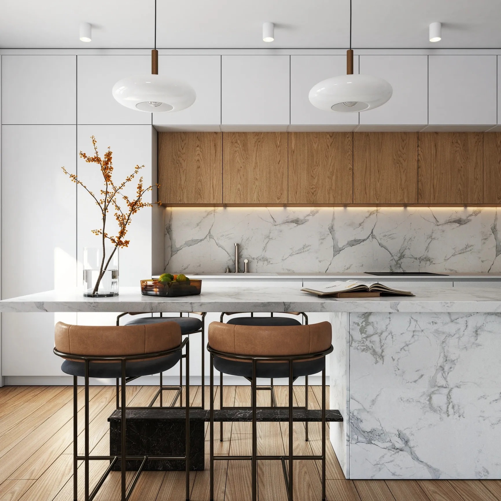 Granite kitchen countertop island with undermount sink and wood cabinetry