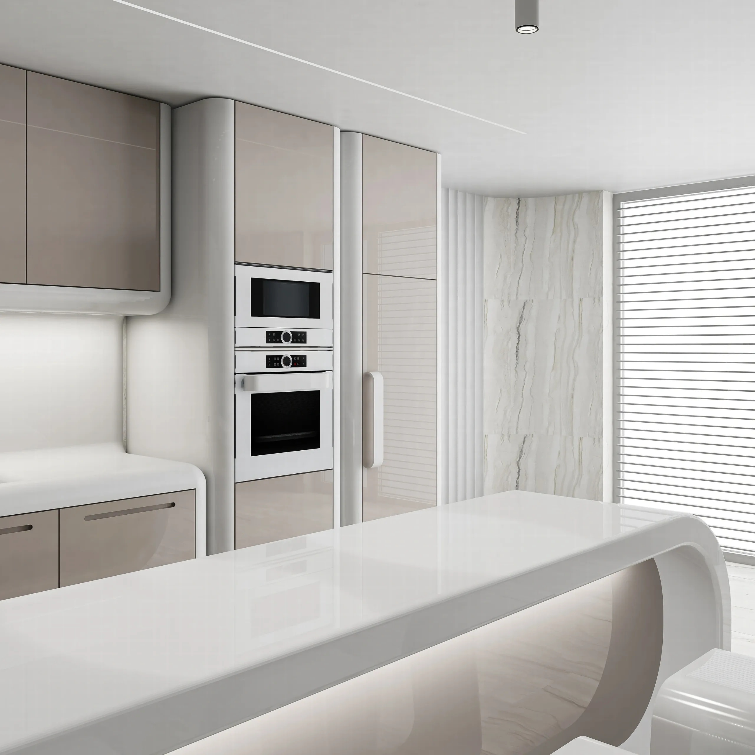 Modern white quartz kitchen countertop bright open plan