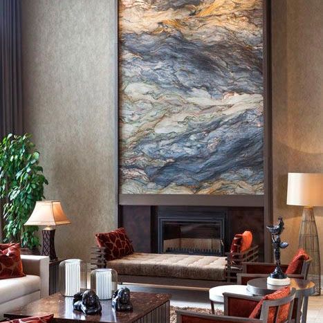 Modern living room with floor-to-ceiling stone fireplace